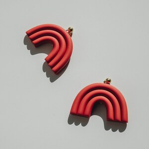 Terracotta arc shaped polymer clay stud earrings. Modern, minimal, funky abstract shape statement earrings image 7