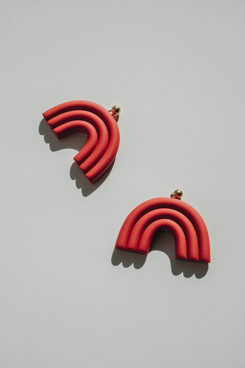 Terracotta arc shaped polymer clay stud earrings. Modern, minimal, funky abstract shape statement earrings image 7