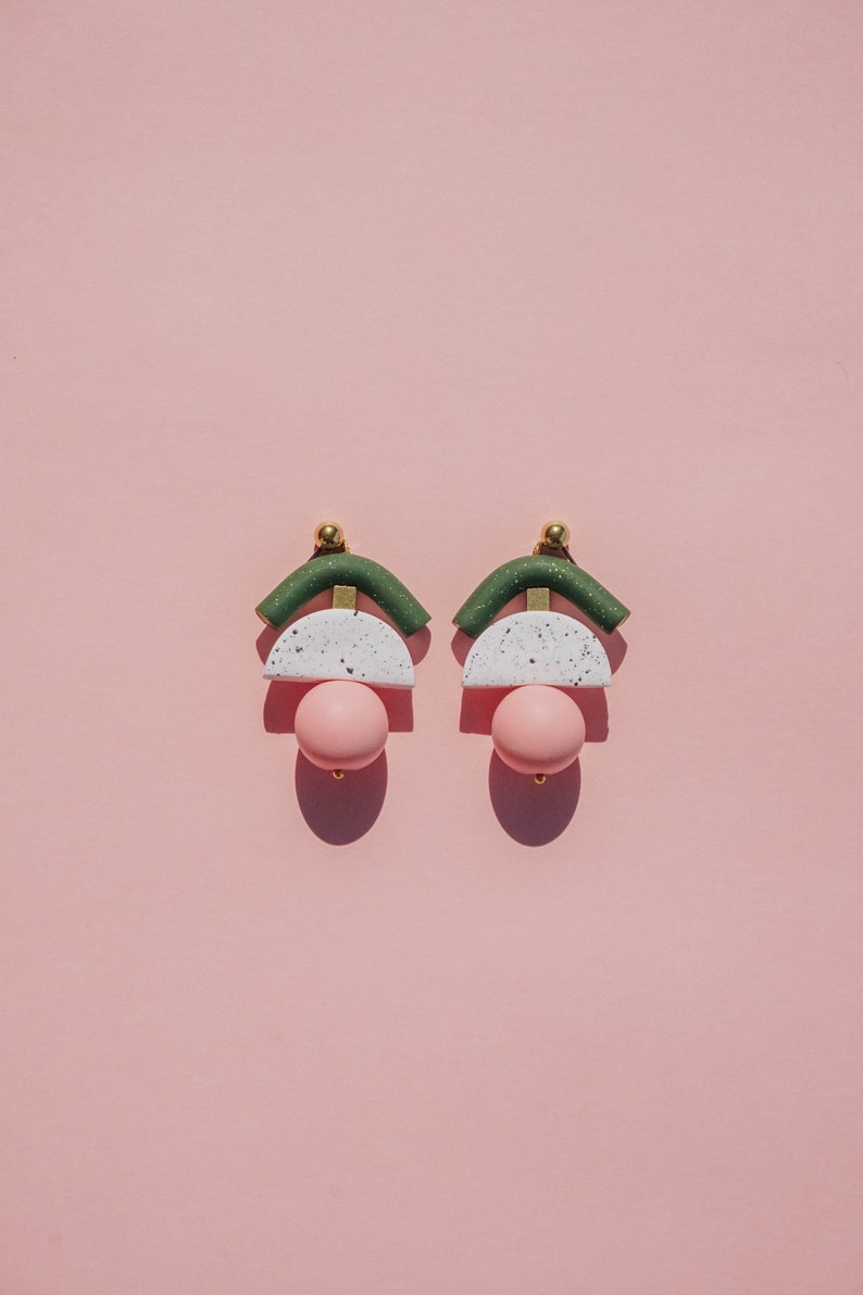 Dark green glittery and pastel pink polymer clay statement earrings. Minimal, modern every day jewelry. image 1