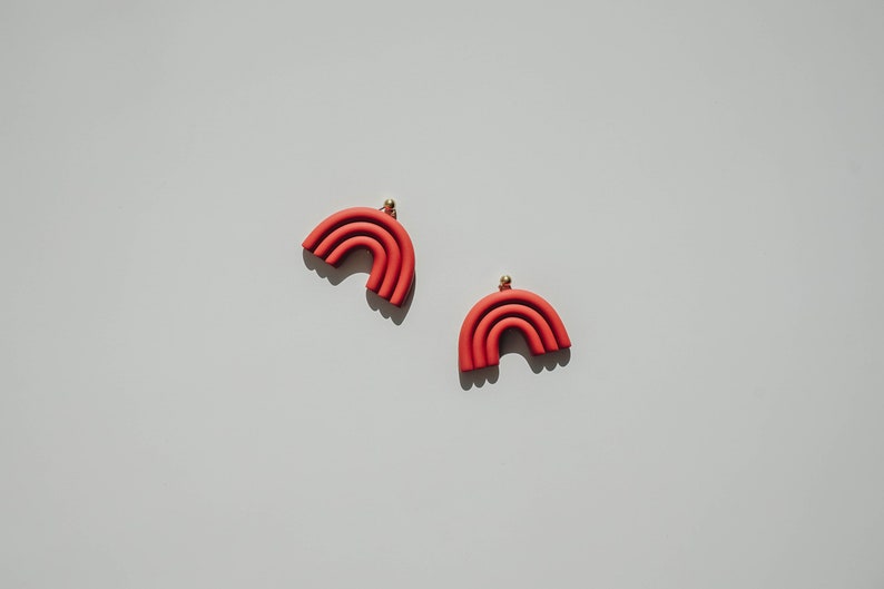 Terracotta arc shaped polymer clay stud earrings. Modern, minimal, funky abstract shape statement earrings image 6