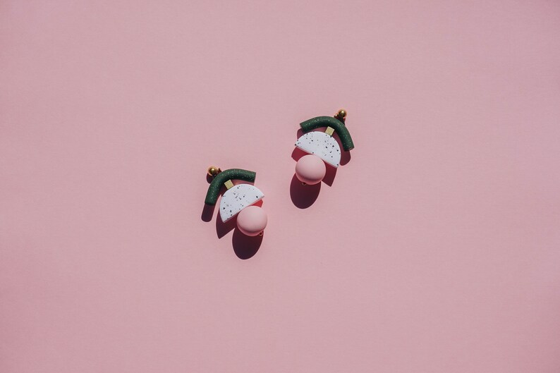 Dark green glittery and pastel pink polymer clay statement earrings. Minimal, modern every day jewelry. image 2