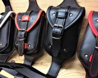 Gambale bikers in pelle, marsupio gamba colore NERO pelle toscana conciata la vegetale con fibbia e sgancio rapido Made in Italy