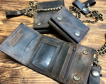 Baby model biker wallet with chain in vintage antiqued brown and black leather, handmade, Made in Italy