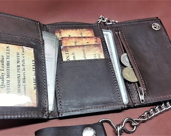 Biker leather wallet, Biker wallet with chain, ANTIQUE BROWN, credit cards, cards, license holder - Since 1987 - Made in Italy -