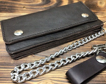 Men's biker wallet with chain in dark brown grained leather, handmade, Made in Italy