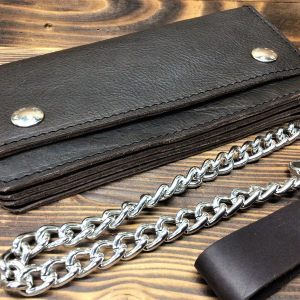 Men's biker wallet with chain in dark brown grained leather, handmade, Made in Italy