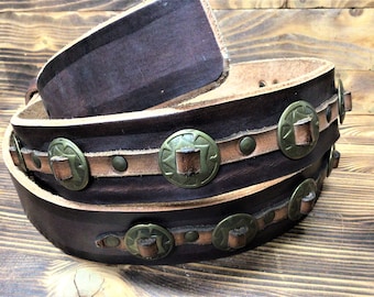 Men's belt in bull leather 4.5 with Conchos, Natural vegetable tanned treated hand-dyed buffer system, handmade Made in Italy