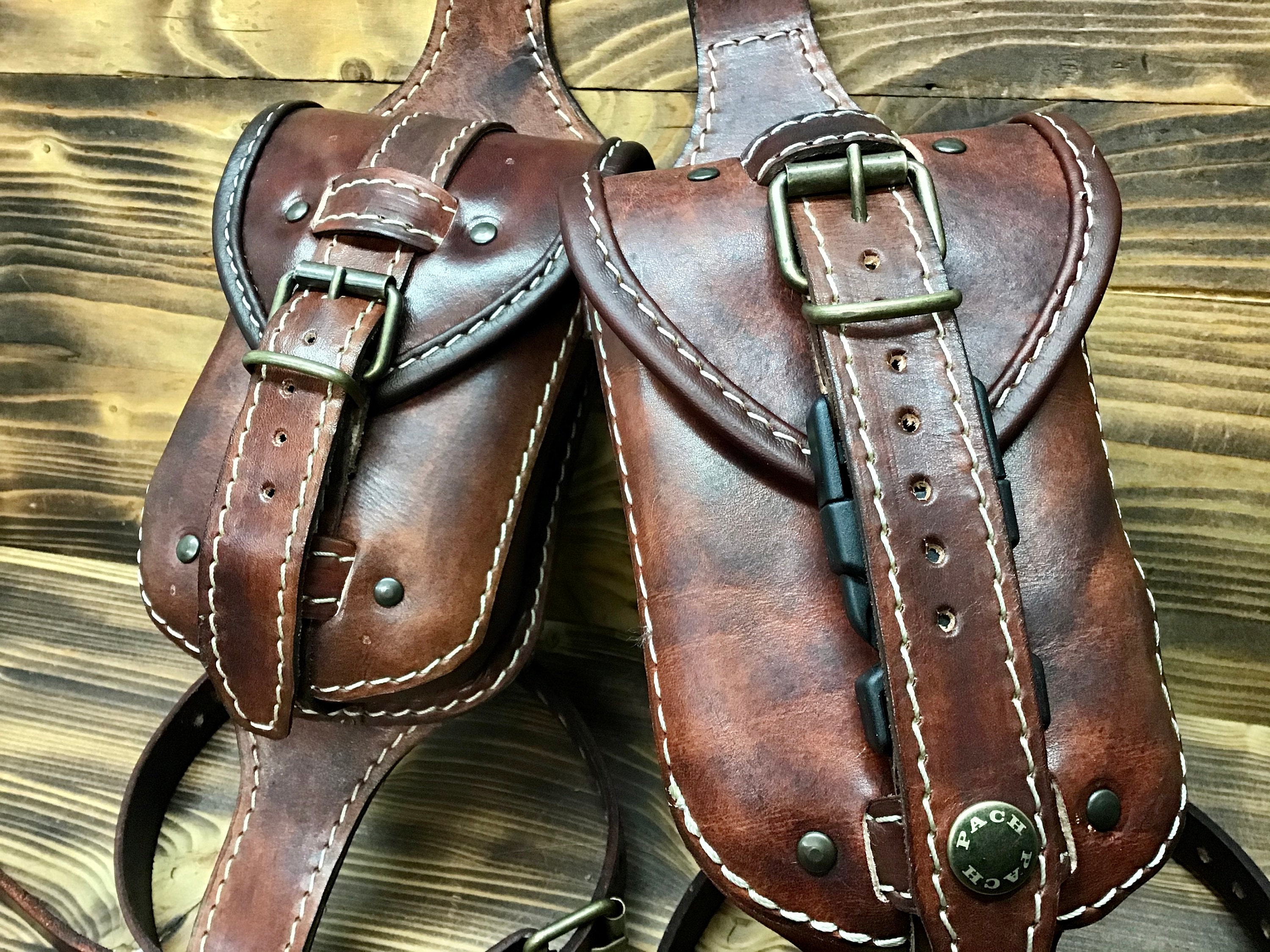 Leather upper for bikers, 2 mm leather leg pouch. ANTIQUE BROWN ...