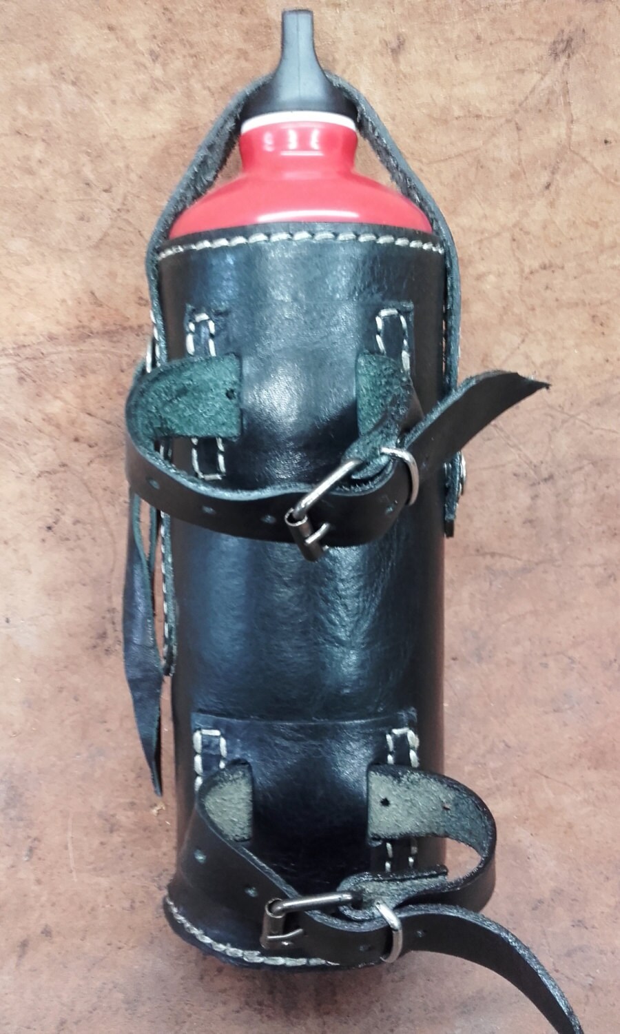 Leather thermal water bottle holder for 0.75 bike forks leather