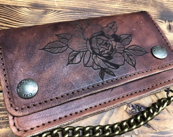 Bikers wallet brown antique laser design handmade Made in Italy