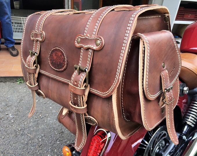Featured listing image: Code TRIKE 005B / Mod. EL PASO Antique brown - Liters. 40,50,65 Leather travel bag 4/5 mm. for luggage racks of your motorcycle Made in Italy