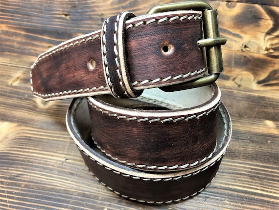 Vintage Tan Leather Belt with White Stitching The Classic Buckstitch Belt - Saddle– Western & Co main image 2