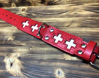 St. Bernard dog collar and leash in red leather and white leather Made in Italy