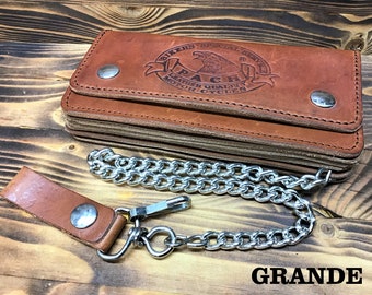 Leather biker wallet, Biker wallet in Italian leather with chain, ANTIQUE BROWN, Coin purse, credit cards Made in Italy