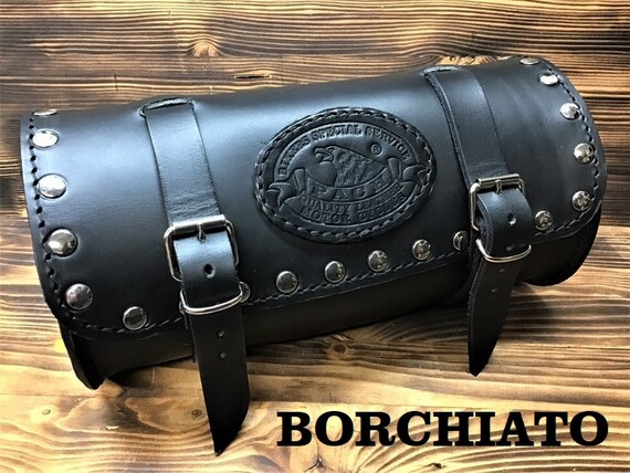 Abbigliamento Moto e Accessori - Porta Attrezzi Oggetti Barilotto Pelle Forcella Moto Custom Chopper Nero