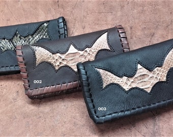 Hand-sewn wallet with python skin, Mod. BatMan wallet in American greased leather with python inserts and hand-stitched Made in Italy