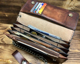 Biker men's wallet, Biker wallet, Thickness 1.5 mm. with chain, credit card holder, coin holder, card holder. Length cm. 19 x 10. Made in Italy