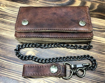 Men's biker wallet in antique brown greased, handmade, Made in Italy