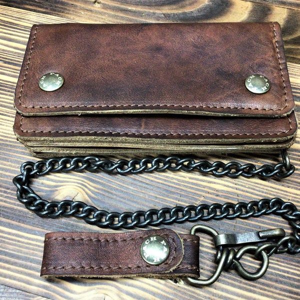 Cartera biker para hombre en color marrón antiguo engrasada, hecha a mano, Made in Italy