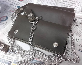 Leather accordion biker wallet with chain, LONG model, 19 x 10 cm, credit card holder, cards, coin purse, Made in Italy