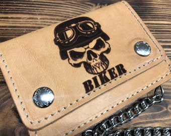 Biker wallet, Biker wallet in leather with chain, size SMALL cm.13.5x10 LASER printed natural LEATHER, credit card holder Made in Italy