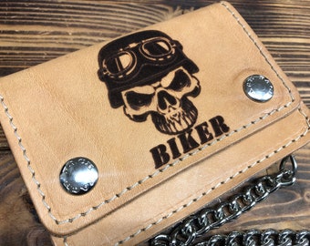 Biker wallet, Biker wallet in leather with chain, size SMALL cm.13,5x10 LASER molded natural LEATHER, credit card holder Made in Italy