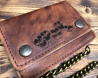 Biker wallet, Biker wallet in leather with chain, size SMALL cm.13.5x10 ANTIQUED LEATHER LASER print, credit card holder Made in Italy