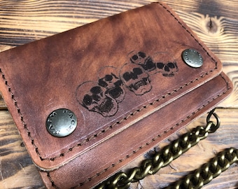 Biker wallet, Biker wallet in leather with chain, size SMALL 13.5x10 cm ANTIQUE LASER molded LEATHER, credit card holder Made in Italy