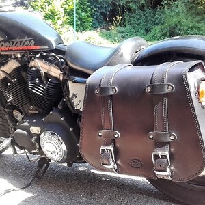 Può includere: Motocicletta nera con borse laterali in pelle marrone. La motocicletta ha un emblema di teschio cromato sul motore e le parole "Sportster" sul serbatoio.