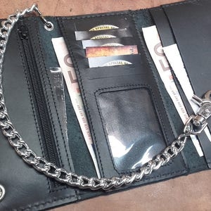 Cartera biker con cadena, Cartera biker de piel, con tarjetero, monedero y portamonedas Made in Italy