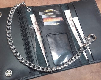 Biker wallet with chain, Leather biker wallet, with credit card holder, money and coin holder Made in Italy