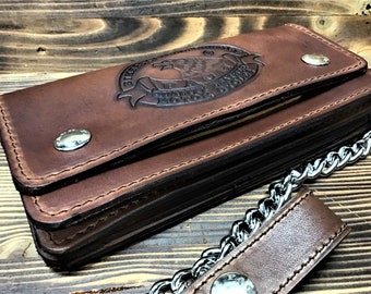 Leather biker wallet, Biker wallet in Italian leather with chain, Long model cm. 19x10, Coin holder, credit cards Made in Italy