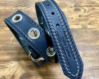 Double-stitched, 4.5mm thick bull leather belt with eyelets. Width: 38mm. With interchangeable buckle.