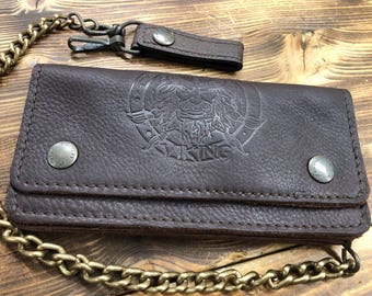 Men's biker wallet with chain in greased leather, dark brown color, handmade | STAMPO VIKING | Made in Italy