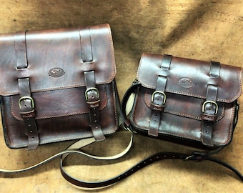 Pair of Cafè Racer left + right motorcycle leather bags, hand-dyed vegetable tanned leather with old brass rivets, Made in Italy