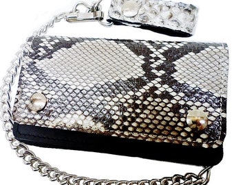 Python bikers wallet, Wallet in leather and hide and python, with chain MEDIUM size cm.16.5 x 10 Made in Italy