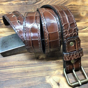 Handmade crocodile printed leather covered leather belt with interchangeable buckles Made in Italy