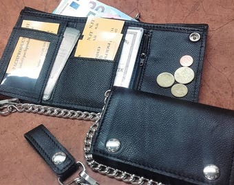 Men's wallet in soft leather with chain, Men's leather wallet, CHICCO DI RISO pound closure, chain, coin holder, cards, Made in Italy