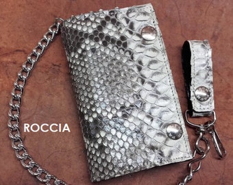 Python biker wallet, book-style with chain, brass and chrome-plated button closure Made in Italy