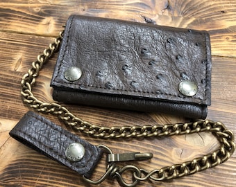 Biker wallet with chain, ostrich leather, Men's ostrich leather wallet, credit card holder, card holder, driving license holder Made in Italy