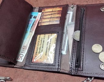 Biker wallet with chain, 2 mm LEATHER wallet for bikers and truck drivers with credit card holder, banknotes, coin holder Made in Italy