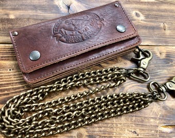 Leather biker wallet, Italian leather biker wallet with chain, Long model cm. 19x10, Coin purse, credit cards Made in Italy