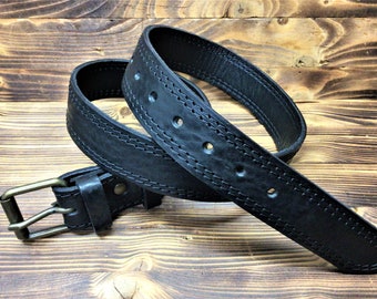 Men's belt in vintage black leather coupled with leather lining, handmade Made in Italy