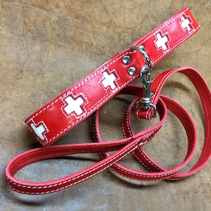 Collar and leash for St. Bernard dog in red leather and white leather Made in Italy