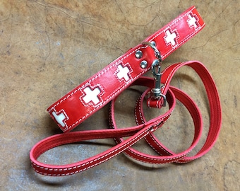 Collar and leash for St. Bernard dog in red leather and white leather Made in Italy