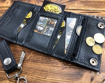 Biker wallet with chain Baby model in black vintage leather handmade Made in Italy