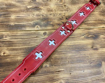Red and white leather St. Bernard dog collar and leash, Made in Italy