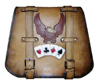 Cod. MONO 135I / Mod. FUEGO POKER Anticato - Leather bag 4 mm. for custom motorcycles for softail steel back talaio Made in Italy