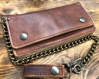 Leather biker wallet, Italian leather biker wallet with chain, ANTIQUE BROWN, Coin purse, credit cards Made in Italy