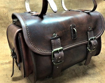 Leather travel bag for custom motorcycle luggage rack | Model TRIKE 019 ANTIQUE BROWN | Made in Italy
